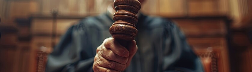 Close-Up of Judge Holding Gavel in Courtroom with Wooden Background