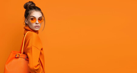 Stylish fall winter fashion girl on orange background.