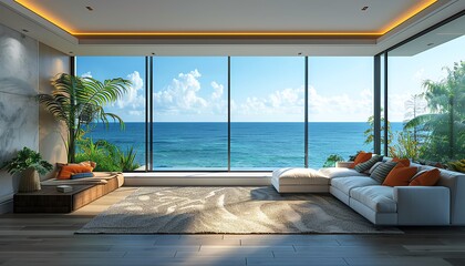Tropical beach house interior 3D rendering, modern living room with large window, sofa, and bright blue sea view