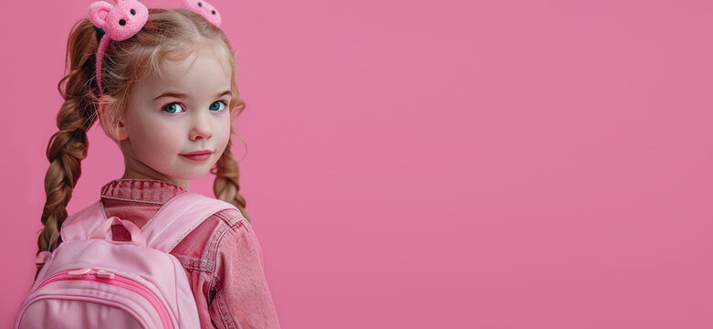 Portrait of a little cute schoolgirl on a pink background.