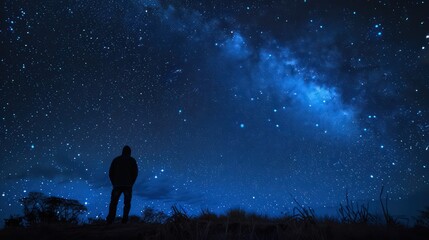 A man stands on a hill looking up at the stars