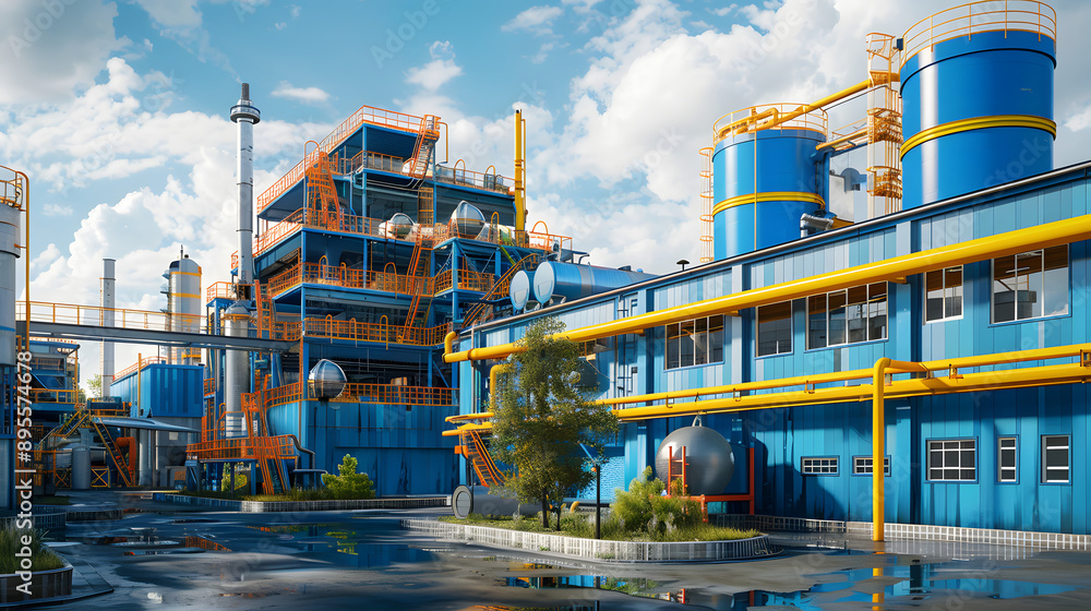 Poster building of a factory for the production of plastic containers