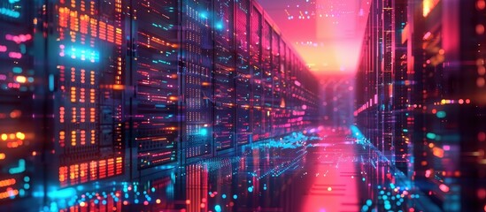 Obraz premium Futuristic Data Center with Colorful LED Lights and High-Tech Servers in a Modern Facility