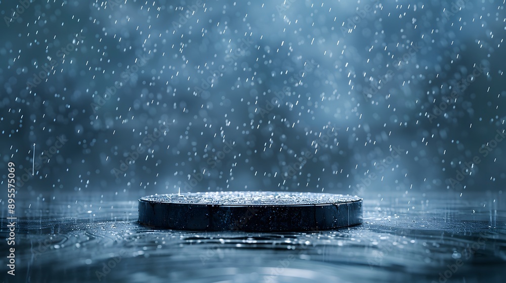 Poster an empty circular podium with rain falling on dark background