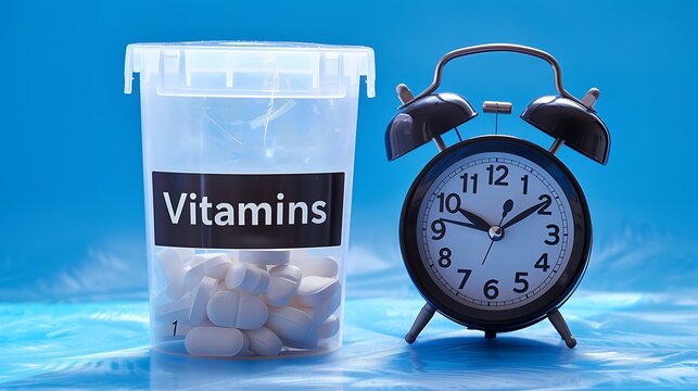 A plastic container labeled "Vitamins" and a black alarm clock on a cool blue background with a frosted glass effect, emphasizing health maintenance.