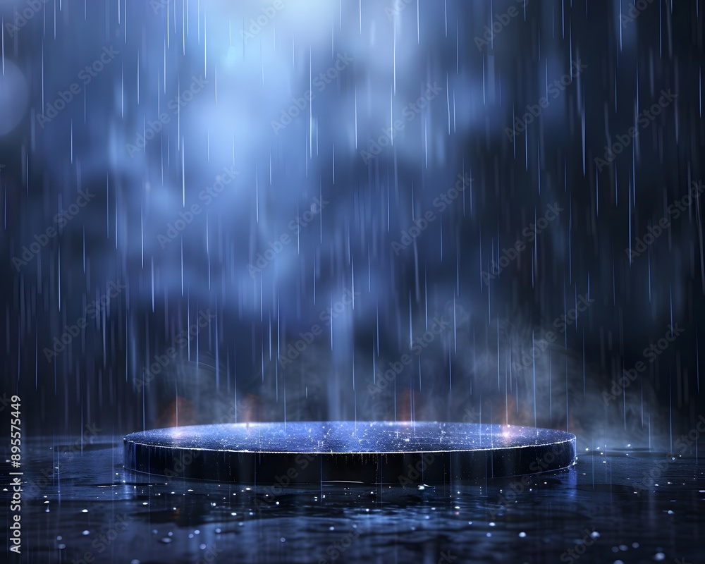 Poster an empty circular podium with rain falling on dark background