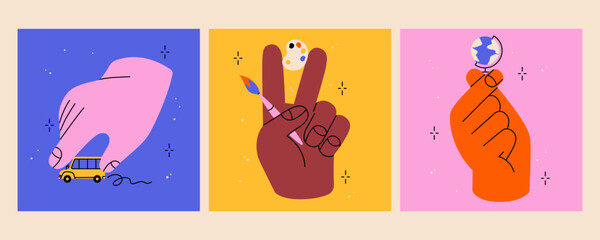 Hands holding school stuff. Hand drawn flat vector illustration with the big hands with the colorful school bus, palette, brush, globe. Trendy isolated illustration, education concept.