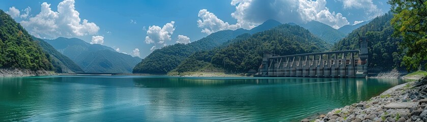 Panoramic View of a Serene Lake with a Dam and Mountain Range Under a Blue Sky with Fluffy Clouds