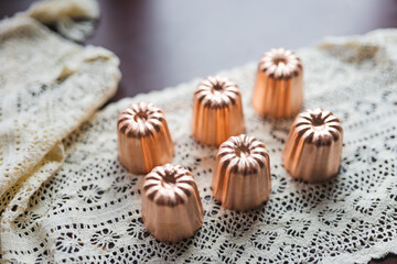 caneles french traditional dessert from Bordeaux and copper mold,season copper mold