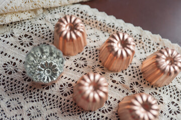 caneles french traditional dessert from Bordeaux and copper mold,season copper mold