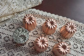 caneles french traditional dessert from Bordeaux and copper mold,season copper mold