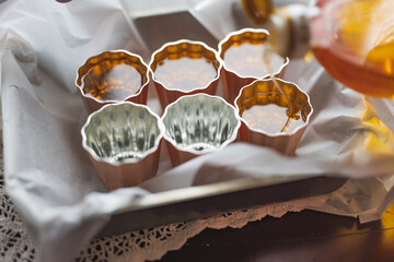 caneles french traditional dessert from Bordeaux and copper mold,season copper mold