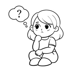 A line art thinking girl or kids with a thought bubble and question mark