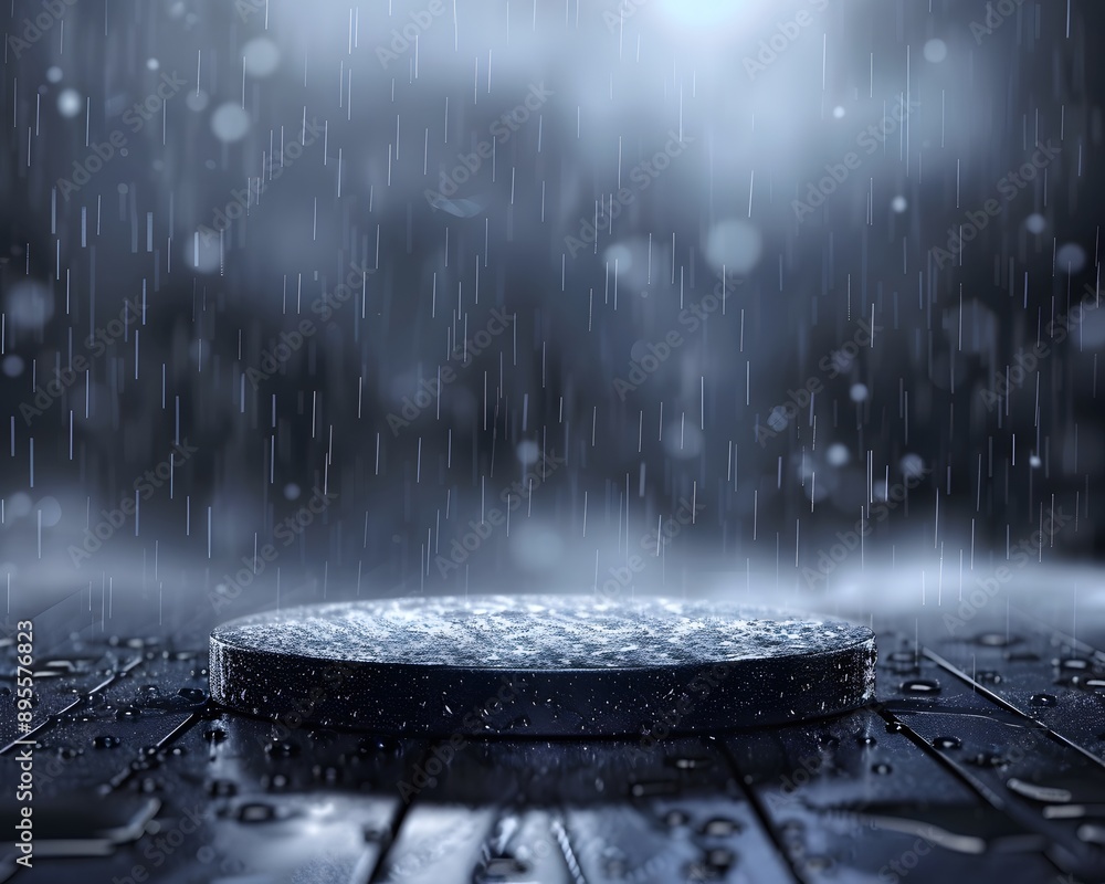 Poster an empty circular podium with rain falling on dark background