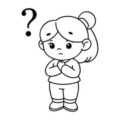 A line art thinking girl or kids with a thought bubble and question mark