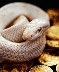 Obraz premium White Snake Coiled Around Glittering Gold Coins in a 3D Render with Black Background