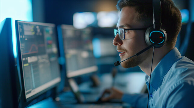 A customer service representative in a modern call center, managing support tickets and live chats on multiple screens, with a headset and office setup