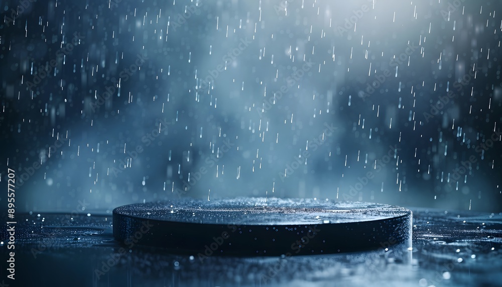 Poster an empty circular podium with rain falling on dark background