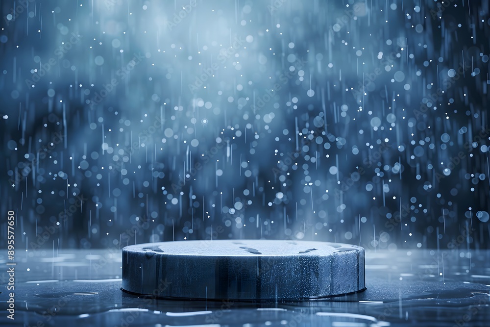 Poster an empty circular podium with rain falling on dark background