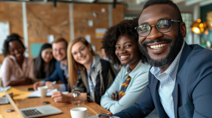 Smiling employees of a diverse law firm gathered around a conference table, exuding teamwork and unity.
