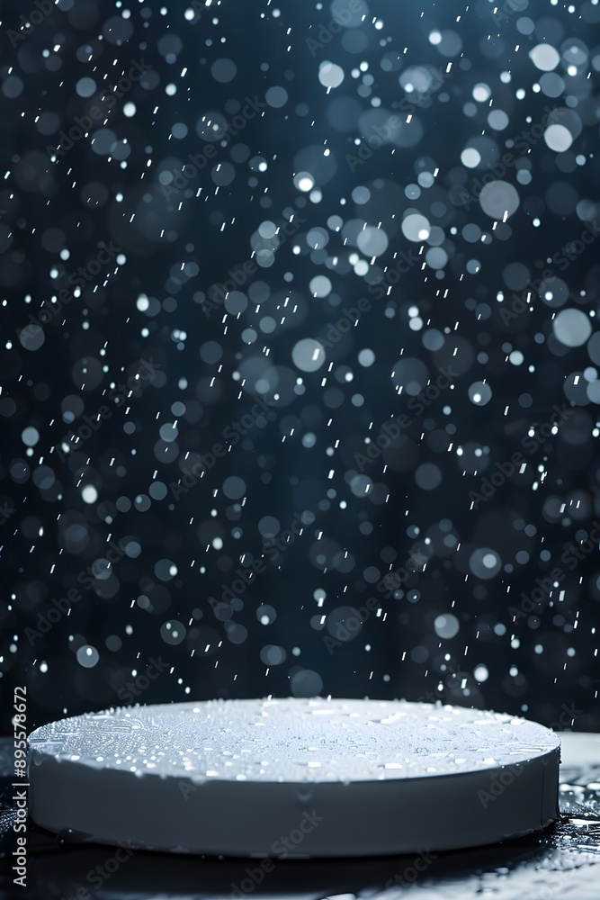 Aufkleber an empty circular podium with rain falling on dark background