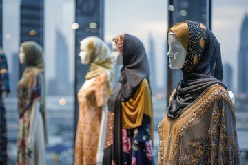 Obraz premium A collection of modern Islamic fashion items showcased on mannequins in a stylish window display