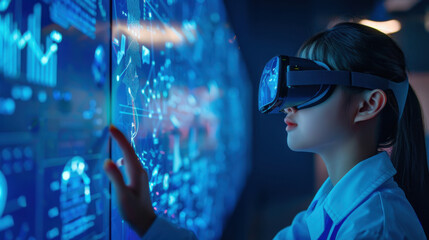 Student engaged in a virtual reality experience in the classroom, AI-driven interactive learning, surrounded by blue holographic displays
