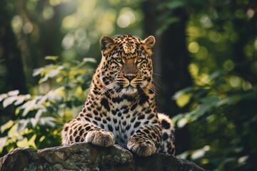 Naklejka premium A powerful close-up shot of an Amur leopard in a lush forest setting