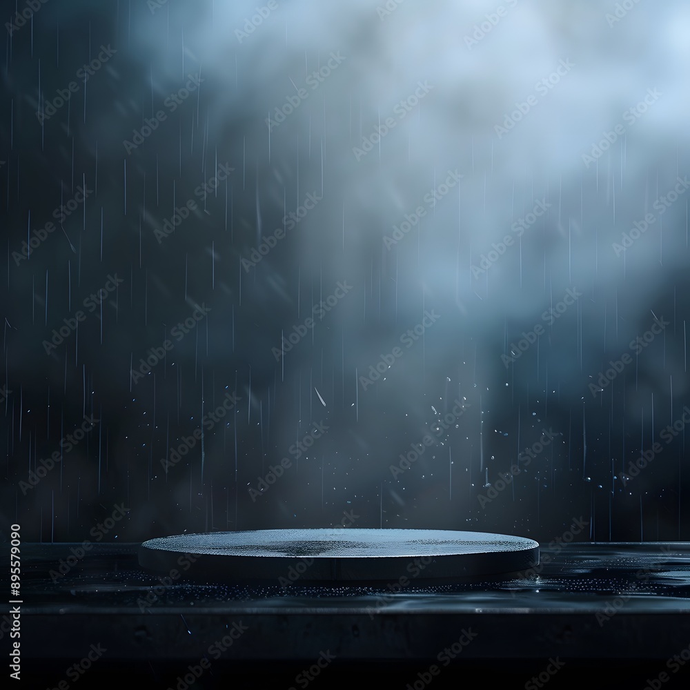 Poster an empty circular podium with rain falling on dark background