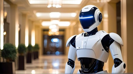 Sleek futuristic robot in luxurious hallway, high-tech ambiance, tech industry promotion. Generative AI