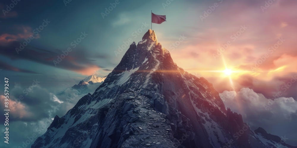 Wall mural Mountain with Flag