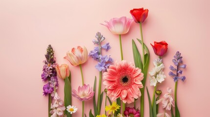 Colorful Spring Flowers on Pink Background