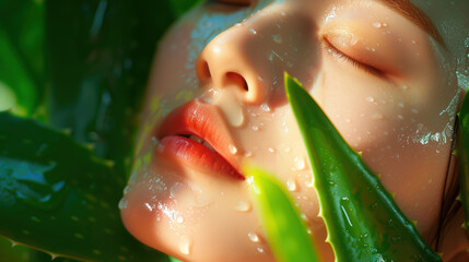 Fototapeta premium South Korean Woman Applying Aloe Vera Gel to Calm Red Inflamed Acne in Natural Soothing Environment