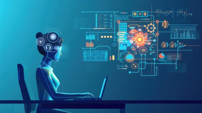 Person completing AI-based language test, graphical representation of analysis and feedback, Language test, AI-based