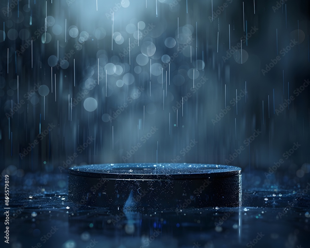 Poster an empty circular podium with rain falling on dark background