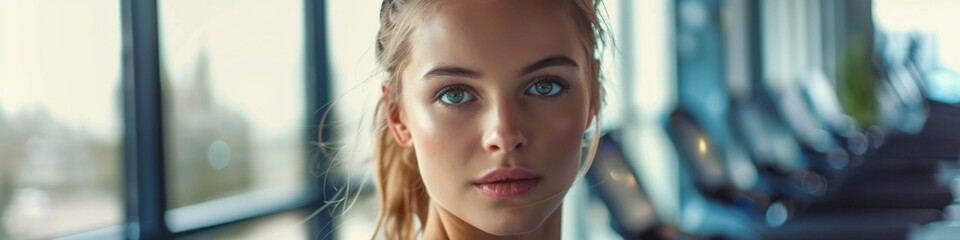 Obraz premium Determined Woman Running on Treadmill in Modern Gym: Fitness Enthusiast Embracing Healthy Lifestyle. Portrait of Athletic Female During Cardio Workout, Showcasing Strength and Endurance in High-Tech E