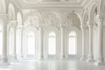a white room with columns and windows