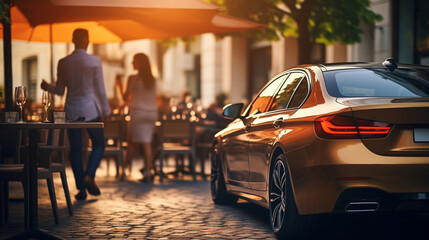 A car parked by a restaurant with a couple at a table. Bokeh background with selective focus