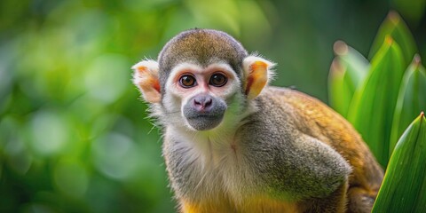 Obraz premium A curious squirrel monkey exploring against a background, squirrel monkey, cute, primate, wildlife, exotic, tropical