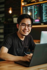 Fototapeta premium Asian coder programming from home office setup, Generative AIAsian coder programming from home office setup, Generative AI