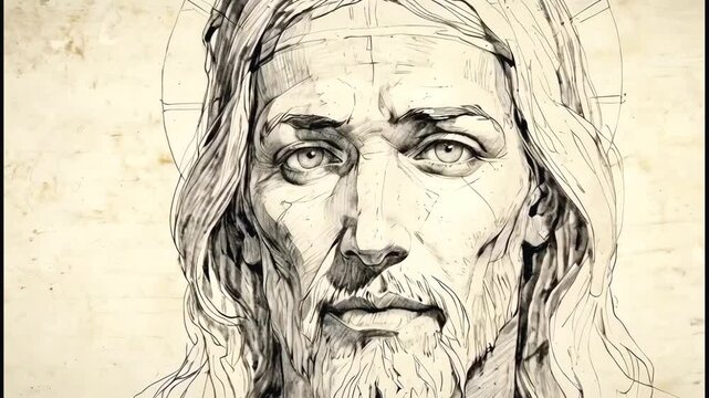 Jesus Christ face art black white draw pensil sketch style animation -- 4k stock video footage AI	