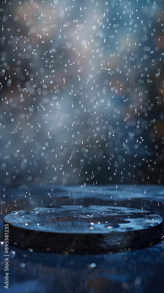 Poster an empty circular podium with rain falling on dark background