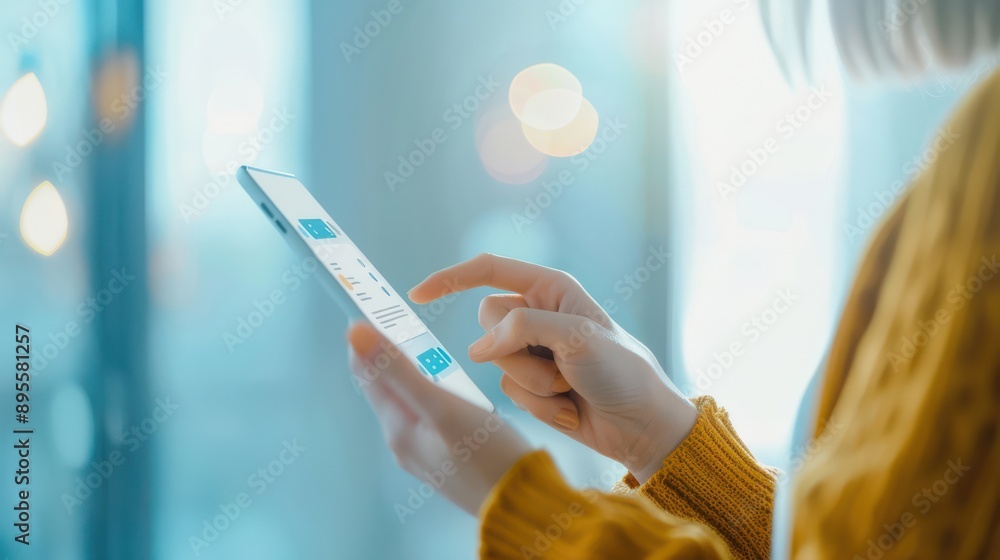 Poster person having a conversation with a virtual assistant on a tablet, practicing language and receiving