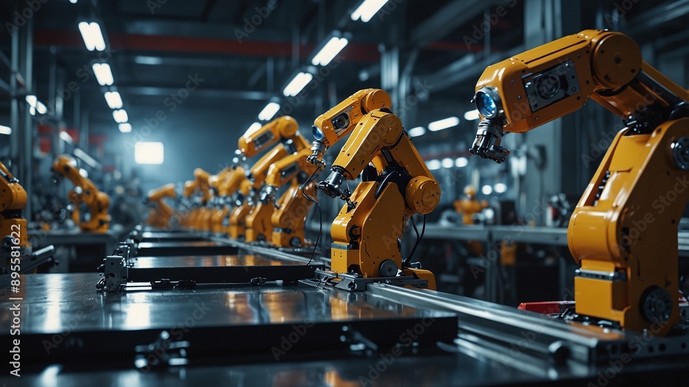 Aufkleber industrial robotics assembly line with yellow robotic arms in a modern factory setting