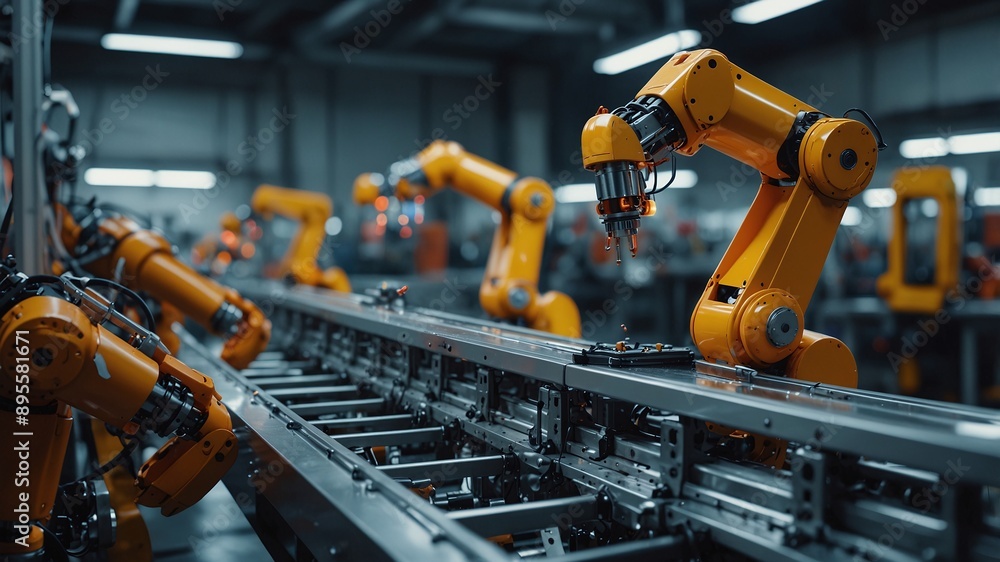 Poster robotic arms working on assembly line in a modern industrial automation factory
