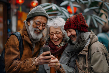 Fototapeta premium three people with a cell phone taking a photo or looking at things that make them funny