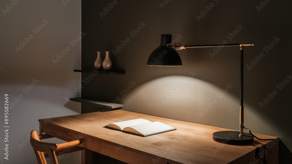 Poster a desk with a lamp and book on it under the light, ai