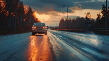 Wet Road Sunset Car