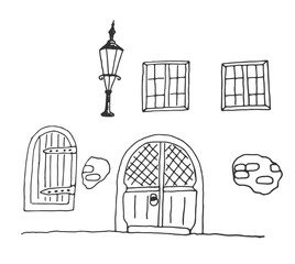 Medieval Town House Exterior Hand Drawn Isolated on White. Buildings and architecture concept vector art