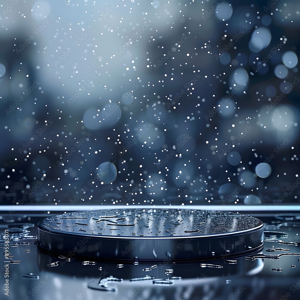 Poster an empty circular podium with rain falling on dark background